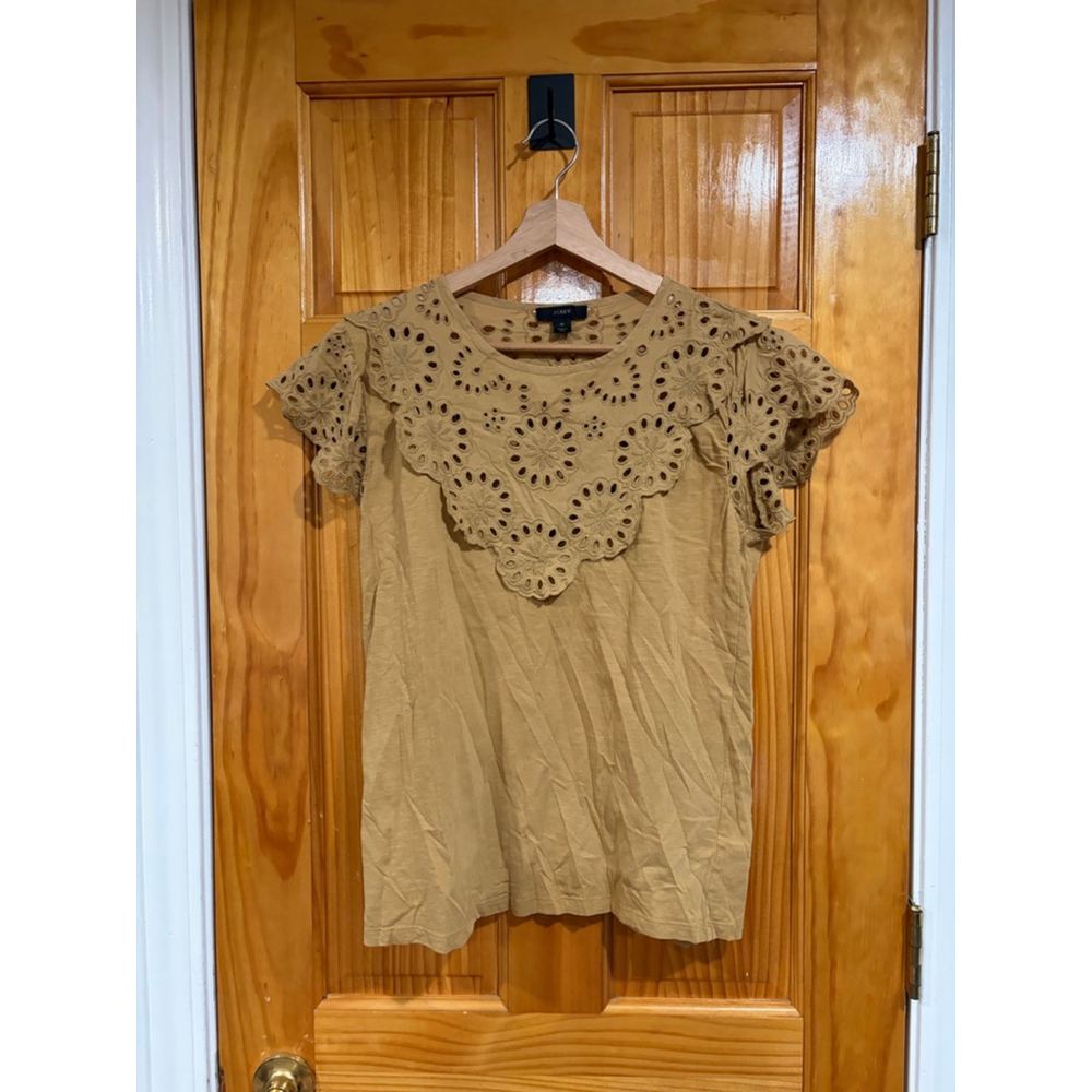 J.Crew Eyelet Embroidery Cotton Top Medium Tan Golden Brown Boho Summer Tee